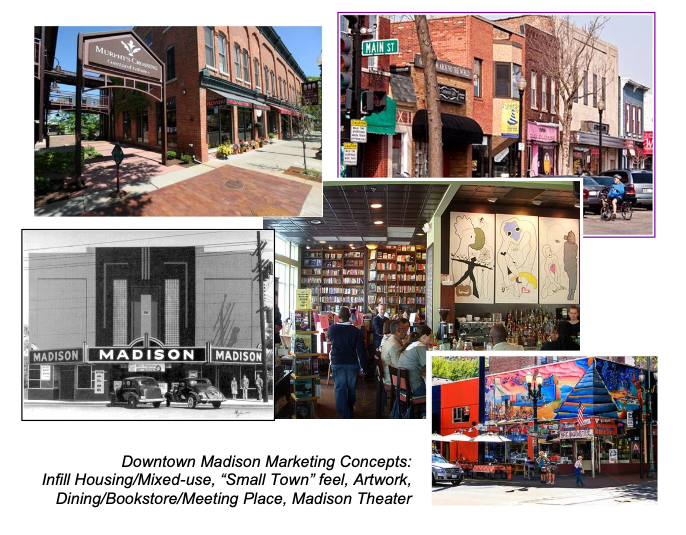 Downtown Madison Marketing Concepts: Infill Housing/Mixed-use, “Small Town” feel, Artwork, Dining/Bookstore/Meeting Place, Madison Theater