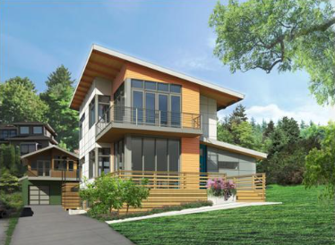 Rendering of a single family home with modern architecture.