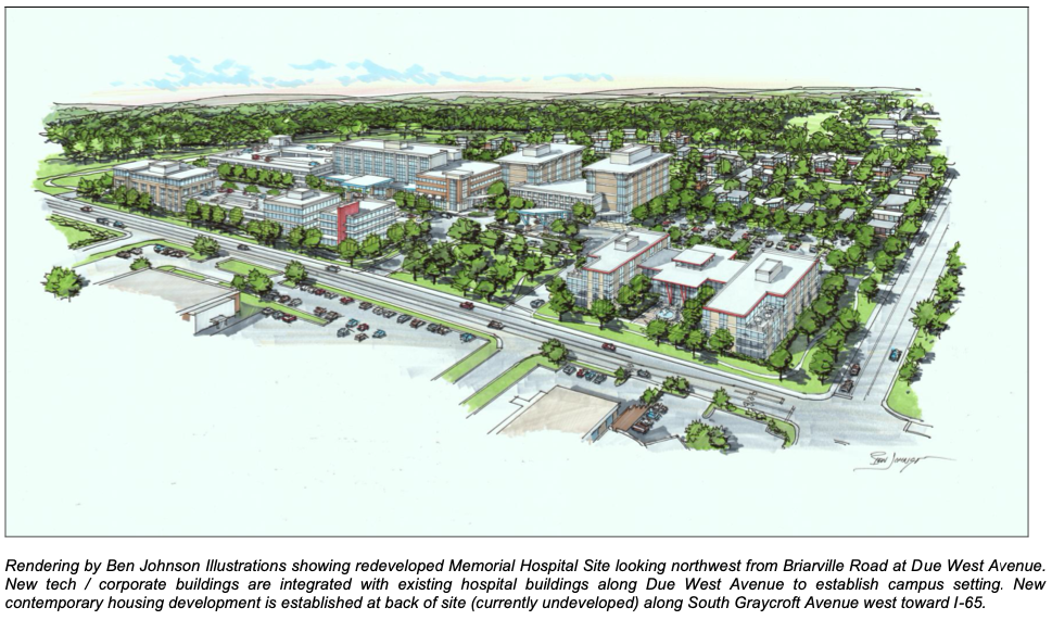 Rendering by Ben Johnson Illustrations showing redeveloped Memorial Hospital Site looking northwest from Briarville Road at Due West Avenue. New tech / corporate buildings are integrated with existing hospital buildings along Due West Avenue to establish campus setting. New contemporary housing development is established at back of site (currently undeveloped) along South Graycroft Avenue west toward I-65.