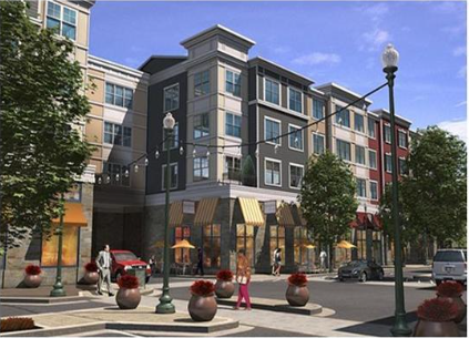 A rendering of an urban area with shops and apartments.