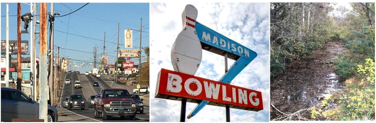 A series of images from Madison: a busy street, bowling sign, creek